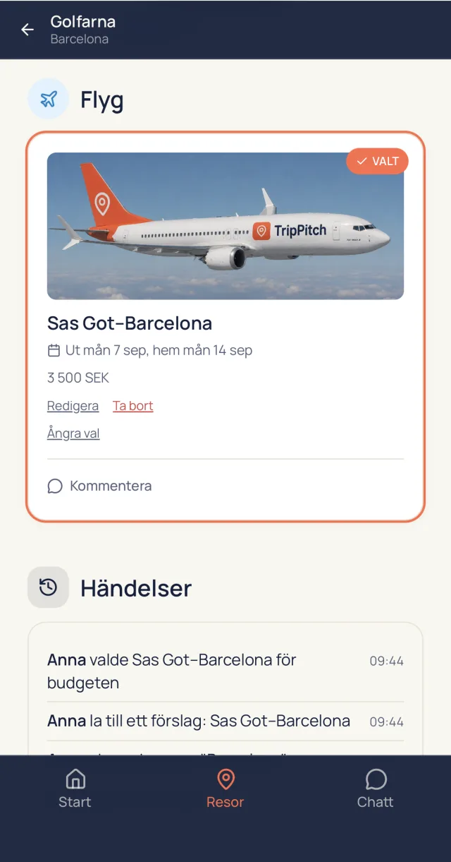 TripPitch i mobilen: flygförslaget Sas Got-Barcelona markerat som valt, med datum och pris, och en händelselogg under.